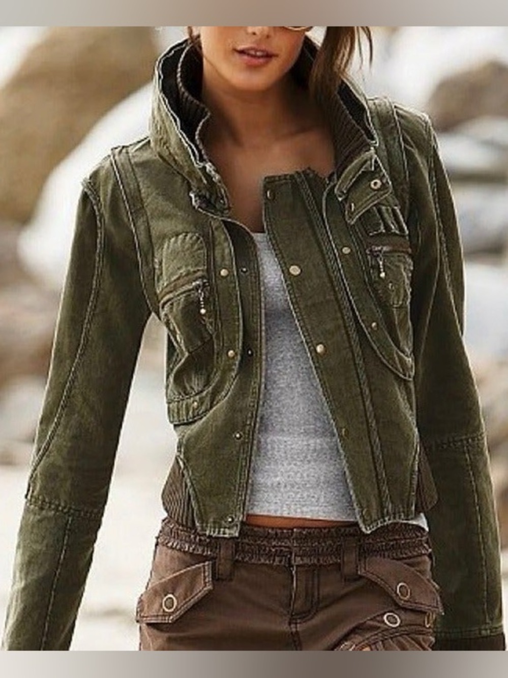 Vintage London Jean 4 in 1 Convertible Olive Military Jacket with Hood Size Med